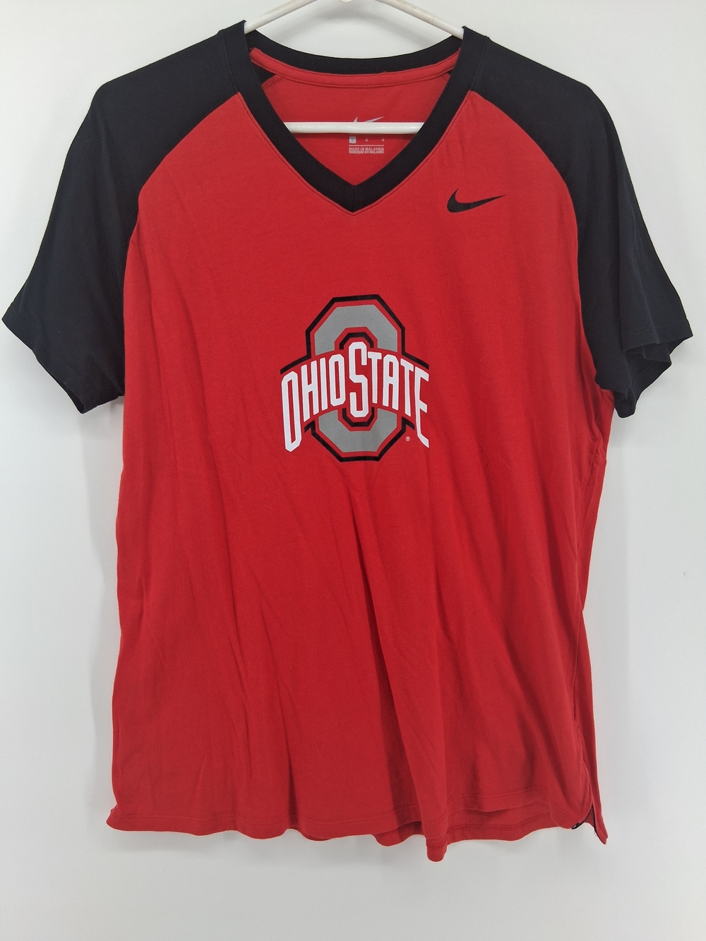 Nike Red V-Neck Ohio State Raglan Tee with Black Sleeves